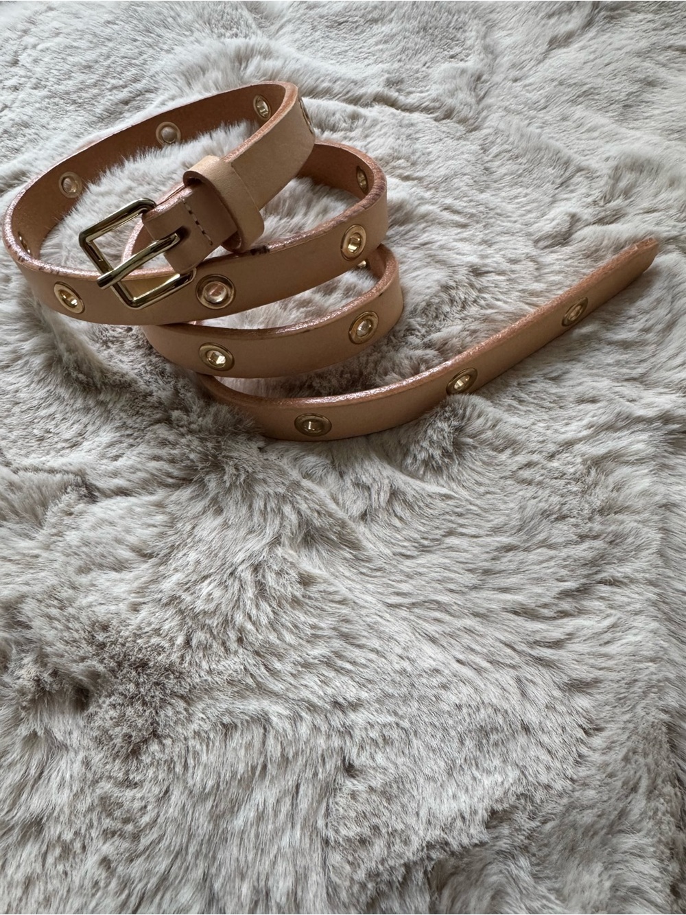 Studded Nude Leather Waist Belt with Gold Hardware